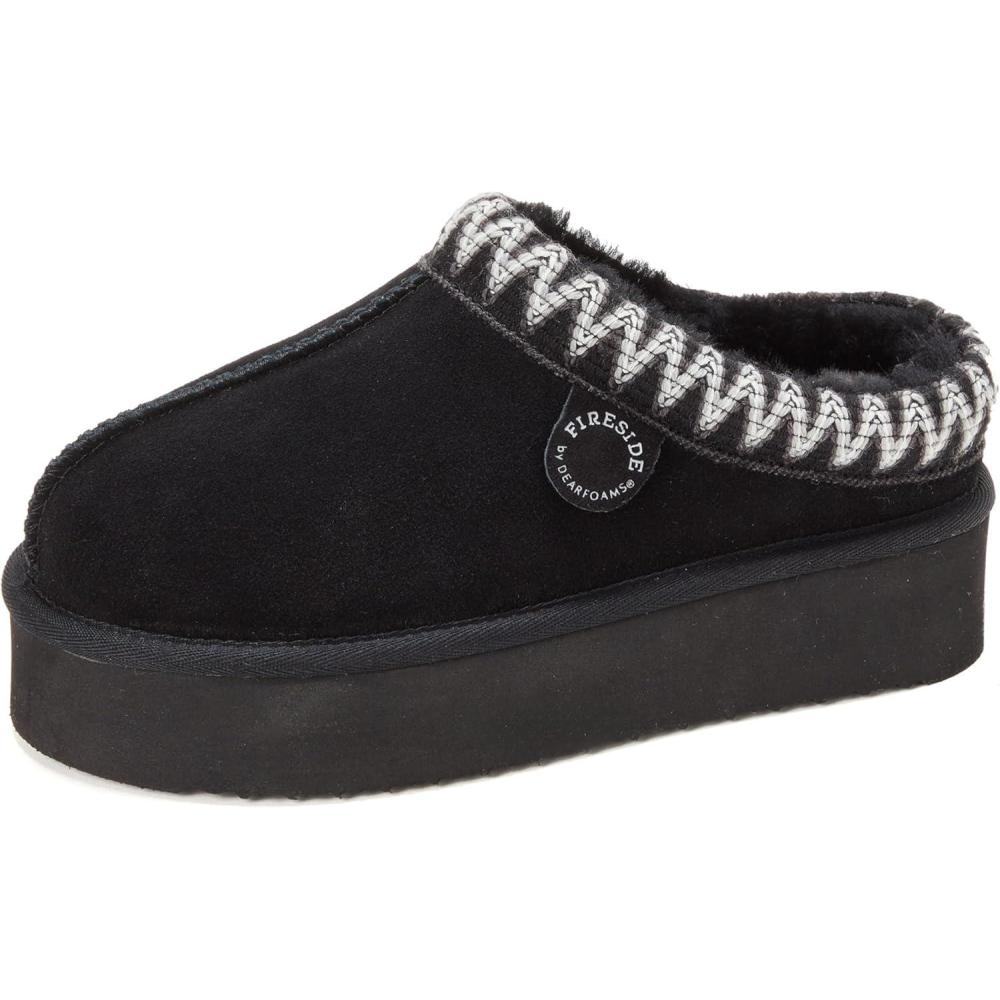 imageFireside By Dearfoams Womens Queenstown Shearling Slippers Memory Foam Suede Clog IndoorOutdoor Slipin House ShoesBlack Taping