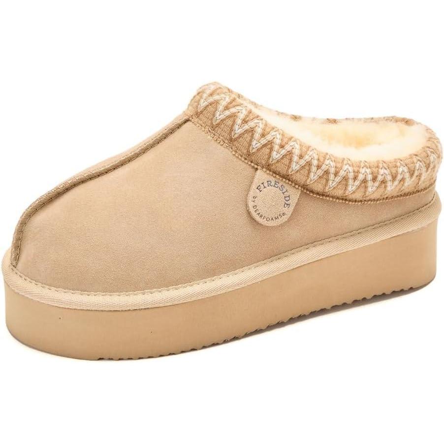 imageFireside By Dearfoams Womens Queenstown Shearling Slippers Memory Foam Suede Clog IndoorOutdoor Slipin House ShoesSand Taping