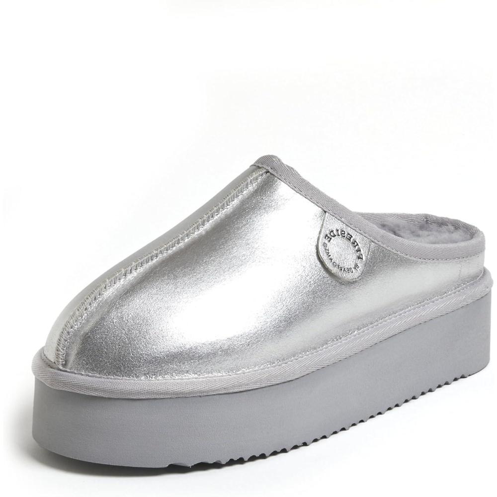 imageFireside By Dearfoams Womens Queenstown Shearling Slippers Memory Foam Suede Clog IndoorOutdoor Slipin House ShoesSilver Platform