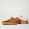 Dearfoams womens Genuine Shearling Platform Slippers Bendigo Comfy Puff Plush Womens Clog House Shoes(Chestnut)