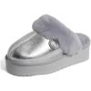 Fireside By Dearfoams Women’s Melton Platform Slippers, Genuine Shearling Memory Foam Slip-in House Shoes(Silver Platform)