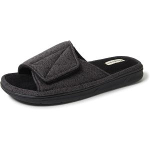 Dearfoams Men’s Adjustable Indoor/Outdoor Memory Foam Machine Washable Summer Slide Slipper(Black (Marled Knit))
