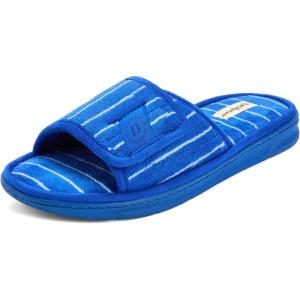 Dearfoams Men’s Adjustable Indoor/Outdoor Memory Foam Machine Washable Summer Slide Slipper(Blue Stripe)