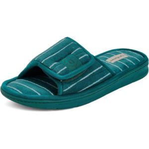 Dearfoams Men’s Adjustable Indoor/Outdoor Memory Foam Machine Washable Summer Slide Slipper(Green Stripe)
