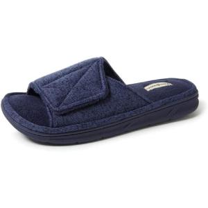 Dearfoams Men’s Adjustable Indoor/Outdoor Memory Foam Machine Washable Summer Slide Slipper(Navy (Marled Knit))