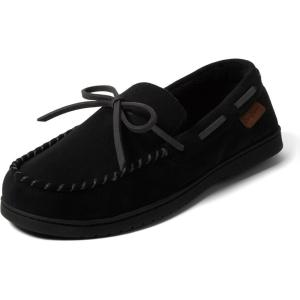 Dearfoams Men’s Microsuede Moccasin with Tie Slipper(Solid Black)