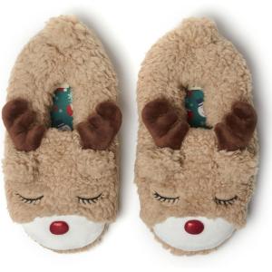 Dearfoams Unisex Adult Holiday Christmas Gift Family Matching Santa Reindeer Teddy Bear Plush Memory Foam Slippers(Adult Reindeer)