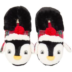 Dearfoams Unisex Adult Holiday Christmas Gift Family Matching Santa Reindeer Teddy Bear Plush Memory Foam Slippers(Penguin)