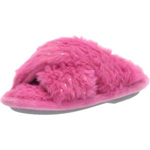 Dearfoams Unisex-Child Ava Kids Printed Detail faux faux fur Cross Band Slide Slipper(Pink Polish)
