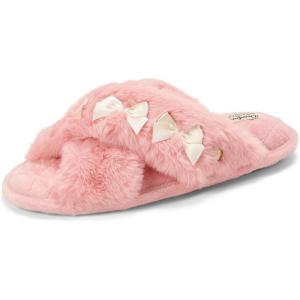 Dearfoams Women’s Acquired Style & Danielle Pheloung Exclusive Memory Foam Jessica Cozy Bow Cross Band Slide Slippers(Pink Bows)