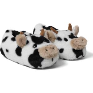 Dearfoams Women’s Cozyfoams Plush Animal Slippers – Fuzzy Character House Shoes Memory Foam Comfort(Cow)