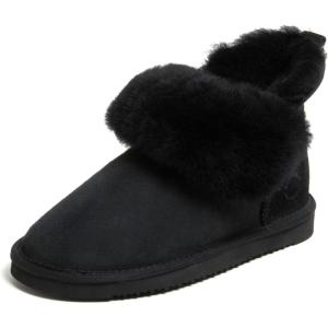 Dearfoams Women’s Fireside Shearling Water Resistant Indoor/Outdoor Foldover Boot Slipper(Black)