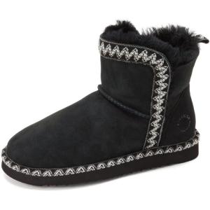 Dearfoams Women’s Fireside Shearling Water Resistant Indoor/Outdoor Foldover Boot Slipper(Black Taping)
