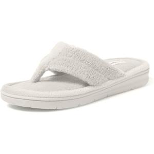 Dearfoams Women’s Melanie Colorblocked Microfiber Terry Thong Slipper(White Muslin)