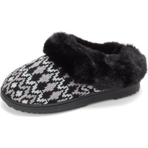 Dearfoams Women’s Memory Foam Cozy Soft House Slippers Gifts for Women Hannah Knit Clog House Shoes(Black Fairisle)
