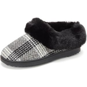 Dearfoams Women’s Memory Foam Cozy Soft House Slippers Gifts for Women Hannah Knit Clog House Shoes(Black Plaid)