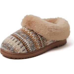 Dearfoams Women’s Memory Foam Cozy Soft House Slippers Gifts for Women Hannah Knit Clog House Shoes(Latte)