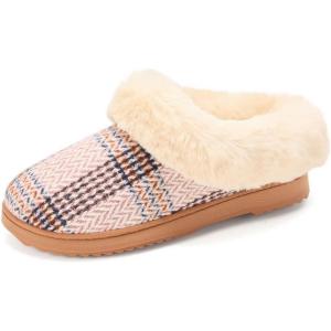 Dearfoams Women’s Memory Foam Cozy Soft House Slippers Gifts for Women Hannah Knit Clog House Shoes(Pink Plaid)