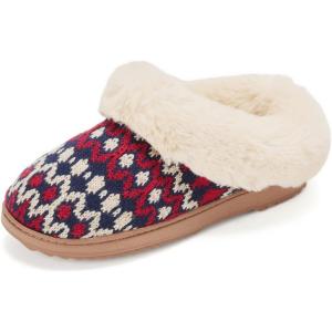 Dearfoams Women’s Memory Foam Cozy Soft House Slippers Gifts for Women Hannah Knit Clog House Shoes(Red Fairisle)