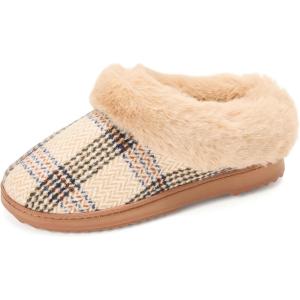 Dearfoams Women’s Memory Foam Cozy Soft House Slippers Gifts for Women Hannah Knit Clog House Shoes(Tan Plaid)