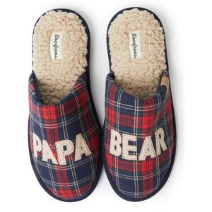 Dearfoams mens Matching Family Holiday Papa Bear Sherpa Lined Moc Toe With Embroidery Slipper(Navy Plaid)