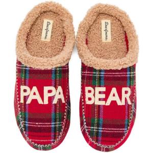 Dearfoams mens Matching Family Holiday Papa Bear Sherpa Lined Moc Toe With Embroidery Slipper(Red Tartan Plaid)