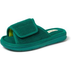 Dearfoams womens Adjustable Indoor/Outdoor Machine Washable Memory Foam Slide(Deep Green Terry)