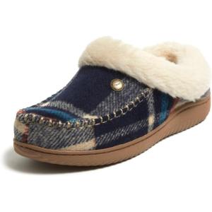 Dearfoams womens Atley Indoor Outdoor House Shoe Fuzzy Memeory Foam Clog(Navy Plaid)