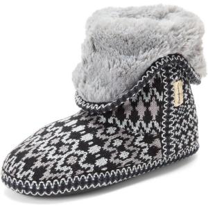 Dearfoams womens Fuzzy Memory Foam Beth Bedroom Bootie Slipper Sock With Grippers(Black Fairisle)
