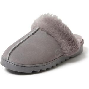 Dearfoams womens Fuzzy Memory Foam Genuine Suede Helena Scuff(Grey)