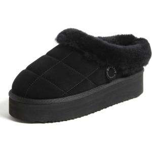 Dearfoams womens Genuine Shearling Platform Slippers Bendigo Comfy Puff Plush Womens Clog House Shoes(Black)