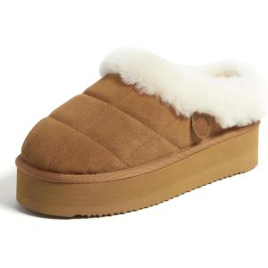 Dearfoams womens Genuine Shearling Platform Slippers Bendigo Comfy Puff Plush Womens Clog House Shoes(Chestnut)