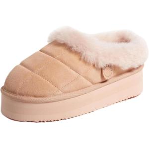 Dearfoams womens Genuine Shearling Platform Slippers Bendigo Comfy Puff Plush Womens Clog House Shoes(Peach Dust)