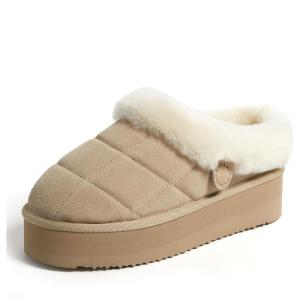 Dearfoams womens Genuine Shearling Platform Slippers Bendigo Comfy Puff Plush Womens Clog House Shoes(Sand)