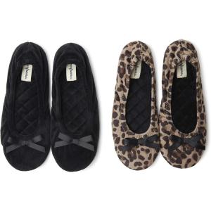Dearfoams womens Layla Ballerina With Suede Outsole(Black & Leopard (2 Pack))