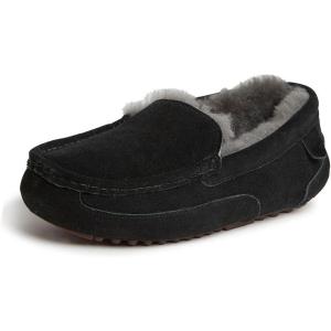 Fireside By Dearfoams Men’s Melbourne Genuine Shearling Moccasin Slippers, Memory Foam Sudede Loafers Slip-in House Shoes(Black)