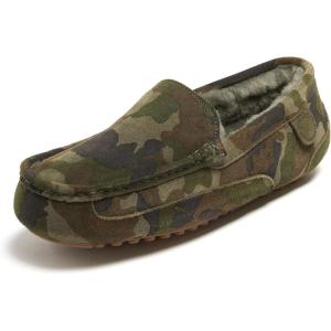 Fireside By Dearfoams Men’s Melbourne Genuine Shearling Moccasin Slippers, Memory Foam Sudede Loafers Slip-in House Shoes(Camo)