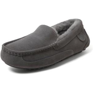 Fireside By Dearfoams Men’s Melbourne Genuine Shearling Moccasin Slippers, Memory Foam Sudede Loafers Slip-in House Shoes(Grey Solid)