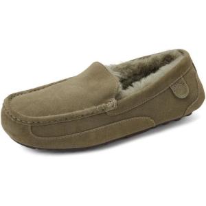 Fireside By Dearfoams Men’s Melbourne Genuine Shearling Moccasin Slippers, Memory Foam Sudede Loafers Slip-in House Shoes(Loden)