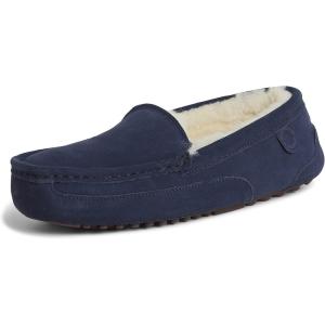 Fireside By Dearfoams Men’s Melbourne Genuine Shearling Moccasin Slippers, Memory Foam Sudede Loafers Slip-in House Shoes(Navy)