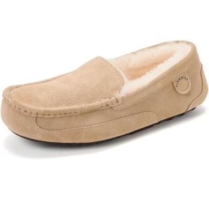 Fireside By Dearfoams Men’s Melbourne Genuine Shearling Moccasin Slippers, Memory Foam Sudede Loafers Slip-in House Shoes(Sand)