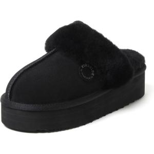 Fireside By Dearfoams Women’s Melton Platform Slippers, Genuine Shearling Memory Foam Slip-in House Shoes(Black Platform)