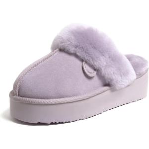 Fireside By Dearfoams Women’s Melton Platform Slippers, Genuine Shearling Memory Foam Slip-in House Shoes(Lilac)