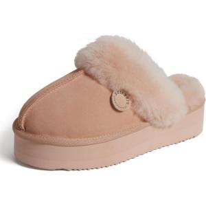 Fireside By Dearfoams Women’s Melton Platform Slippers, Genuine Shearling Memory Foam Slip-in House Shoes(Peach Dust Pavement)
