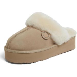 Fireside By Dearfoams Women’s Melton Platform Slippers, Genuine Shearling Memory Foam Slip-in House Shoes(Sand Platform)