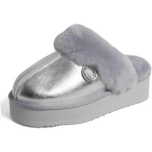 Fireside By Dearfoams Women’s Melton Platform Slippers, Genuine Shearling Memory Foam Slip-in House Shoes(Silver Platform)