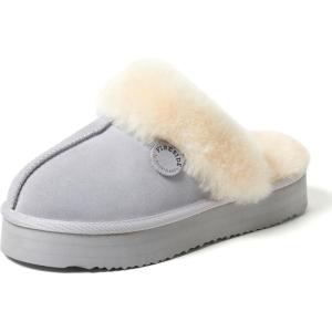 Fireside By Dearfoams Women’s Melton Platform Slippers, Genuine Shearling Memory Foam Slip-in House Shoes(Sleet Platform)