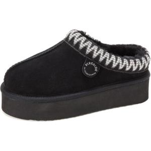 Fireside By Dearfoams Women’s Queenstown Shearling Slippers, Memory Foam Suede Clog, Indoor/Outdoor Slip-in House Shoes(Black Taping)