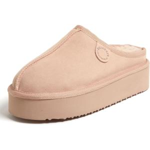Fireside By Dearfoams Women’s Queenstown Shearling Slippers, Memory Foam Suede Clog, Indoor/Outdoor Slip-in House Shoes(Peach Dust Platform)