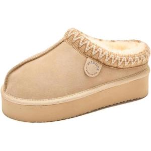 Fireside By Dearfoams Women’s Queenstown Shearling Slippers, Memory Foam Suede Clog, Indoor/Outdoor Slip-in House Shoes(Sand Taping)